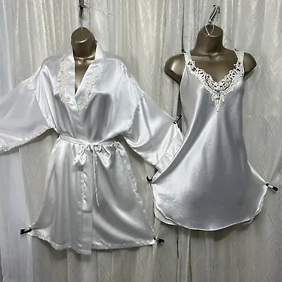 VTG L XL Bridal White Babydoll Teddy Set Lace Silky Satin Silky Shiny Negligee • $89.99