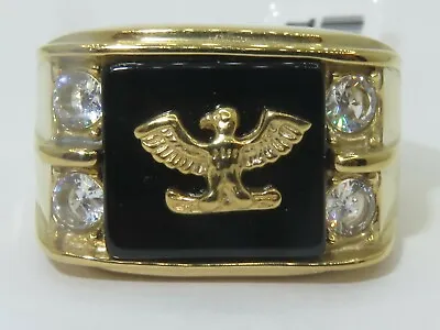 Mens Eagle Ring Gold Signet Onyx Steel 18kt Cz Cubic Zirconia Military New 793 • £23.99