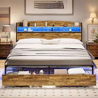 King Size Bed Frame With RGB Light Headboard Modern Metal Platform Bed Frame • $199.97