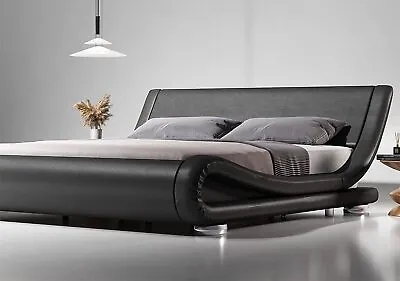 Full Deluxe Low Profile Sleigh Bed With Faux Leather Ergonomics Headboard Black • $248.99