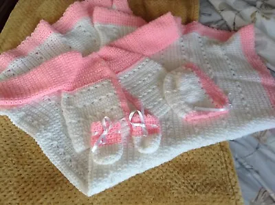 A New Hand Crochet Baby Girl Shawl Cardigan Hat & Mitten Set White & Pink 0 -  • £15