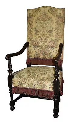 Antique Tudor Style Carved Oak High Back Chair W/Fringe & Stretcher Base • $318.40