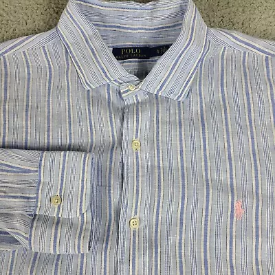 Polo Ralph Lauren Linen Button Down Shirt Mens Size XL Blue Striped Long Sleeve • $32.49