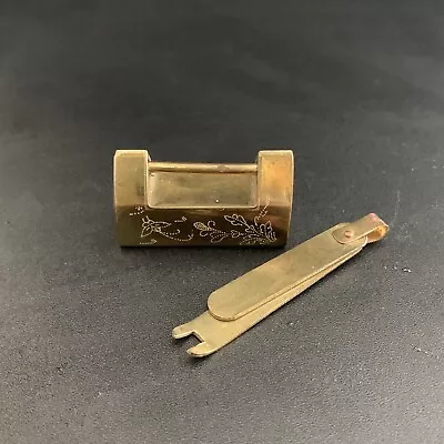 Vintage Chinese Slide Lock & Key - Brass - Etched - 1.5inch • $15