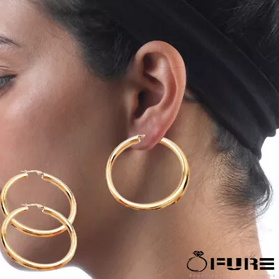 14K Gold Plated Stainless Steel High Polished Round-Tube Click-Top Hoop Earrings • £5.29