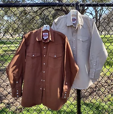 Lot Of 2 Cowboy Work Wear M/L  Heavy Cotton Duck Pearl Snap Western Shirts • $28.51