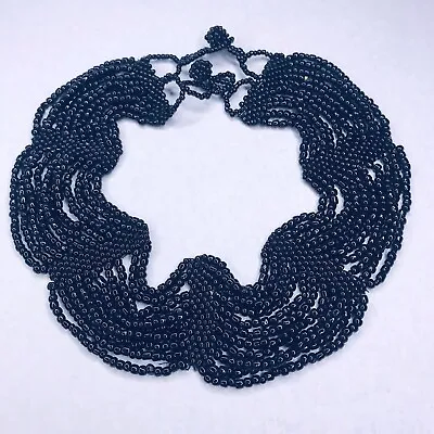 Seed Bead Collar Necklace Black Beaded Layers Wide Button Closure Open Weave • $22.50