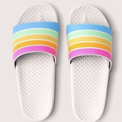 Victorias Secret PINK White Rainbow Stripe Single Strap Slides Sandal S 5-6 NWOT • $19.50