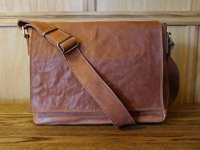 DESIGNER CRINKLE LEATHER Cowhide BIG MESSENGER LAPTOP SHOULDER BAG Tan Brown • £19.95