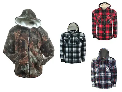 Mens Lumberjack Fur Fleece Lined Hooded Jacket Padded Shirt Sherpa Winter M-2XL • £26.99