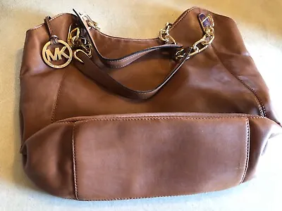 Michael Kors Tan Brown Fulton Shoulder Tote Bag Gold Chain Pebbled Leather Large • $22.99