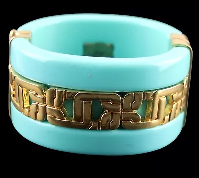 Lilly Vintage Massive Ethnic Aqua Blue Lucite Magnet Clasp Hinge Cuff Bracelet • $29.99