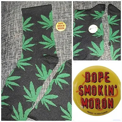 Novelty Gift: Cannabis Leaf Design One Size Socks + Dope Smokin' Moron Pin Badge • £6.29