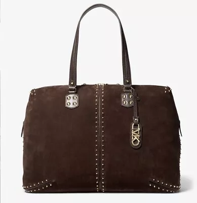 NWT Michael Kors Astor Extra-Large Studded Suede Weekender Bag Chocolate • $450