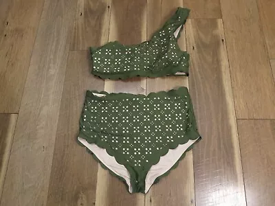 J Crew Women's Green One Shoulder Scalloped Laser Cut Eyelet Bikini Set Sz L • $24.99