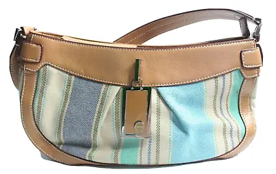 Ettienne Aigner Womens Purse Blue Shoulder Bag Tan Ivory Striped Leather Canvas • $7