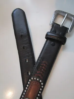 Boy's Cowboy Belt Black Leather Brown Trim Silver Studs Size 22 • $21