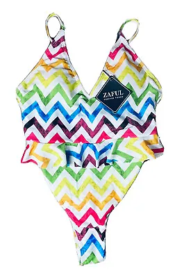 New Rainbow Zaful Sexy Swimsuit One Piece Women 8  Chevron Ruffle Beach Pool • $12.74