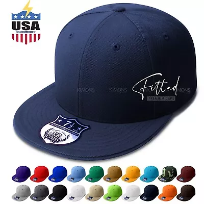 Premium Solid Fitted Baseball Cap Hat Trucker Blank Plain Flat Bill 9 Sizes • $13.77