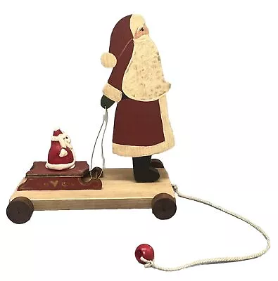 Vintage 1982 Wood Hand Carved Christmas Santa Pulling Sled Kid Pull Toy Vtg • $37