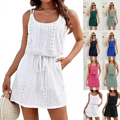 UK Womens Summer Strappy Pullover Dress Ladies Casual Loose Fit Plain Sundress • £9.79