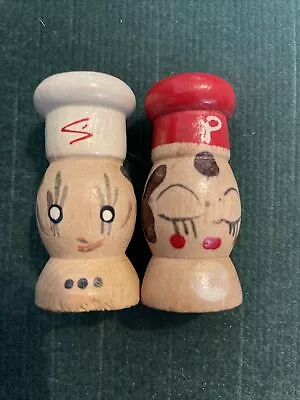 Vintage Wooden Salt & Pepper Shakers Mr/ Mrs. Chef Hat Made In Japan Mid Century • $11