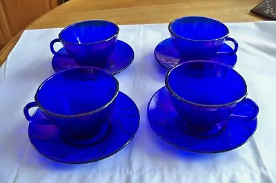 Duralex VERECO Cobalt Blue Rivage Swirl Set Of 4 Cups & Saucers France Textured • $19.99
