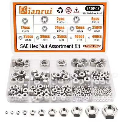 250Pcs 304 Stainless Steel SAE Hex Nuts Assortment Kit 2-56#4-40#6-32#8-32#1... • $22.13
