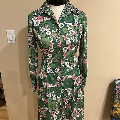 Vintage 1970’s Emilio Borghese Green Floral Dress Sz Small • $65