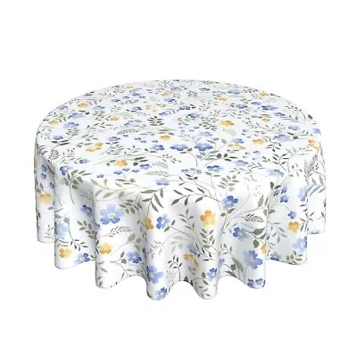 Blue Yellow Floral Leaf Round Tablecloth 60 Inch Summer 60 Round Wildflower • $24.95