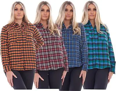 Ladies Check Shirts Flannel Cotton Soft Long Sleeve Pockets Buttons Blouses • £10.95
