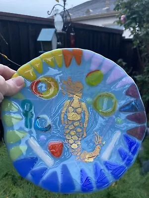 “Mermaid On Aqua “Design Fused Art Glass  Handmade 7”x 1” Bowl • $36