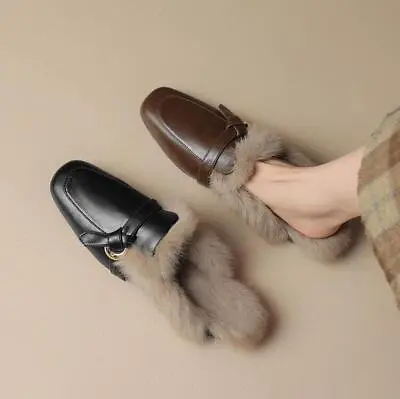 Women's Leather Rabbit Fur Lined Backless Loafers Mules Closed Shoes Slip On • $79.63