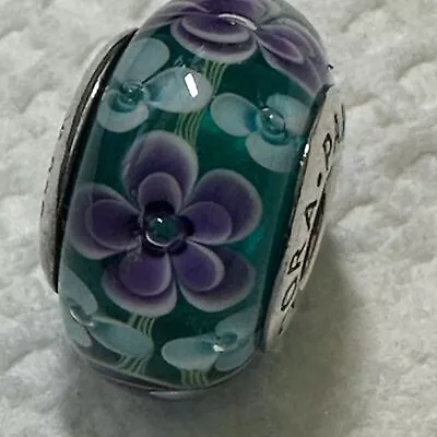 Blue & Purple Floral Murano Glass Retired Charm Authentic 925 ALE Silver • $21