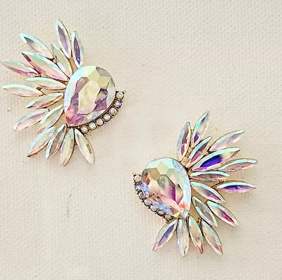 Aurora Borealis Crystal Cluster Earrings Drag Queen Pageant Gold Plated • $11.99