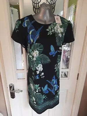 Oasis Floral Butterfly Dress  Black 36  L Size 14 Zip Up Back BNWT New £55 • £25