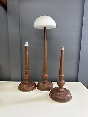 3 Vtg Solid Wood 17 & 12” Weighted Table Hat Wig Stand Display Antique Set Lot • $152