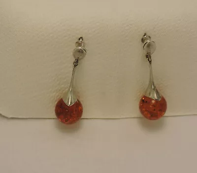 Sterling Silver Post Earrings Dangle Amber Balls Pierced 925 • $22
