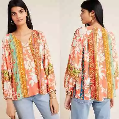 Anthropologie Vineet Bahl Edith Peasant Blouse Small Floral Embroidered Boho  • $35