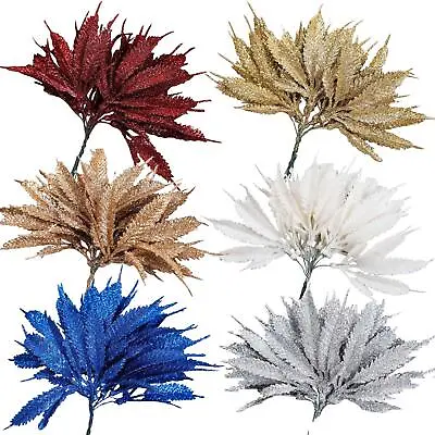 Bundle Of 6 Mini Glitter Palm Leaves - Fake Flowers Craft Xmas Card Tree  • £2.69