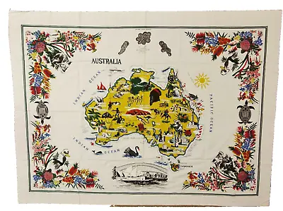 Australia Map Surrounding Oceans Tablecloth Vtg 50-60s Souvenir 68x53 • $31.99