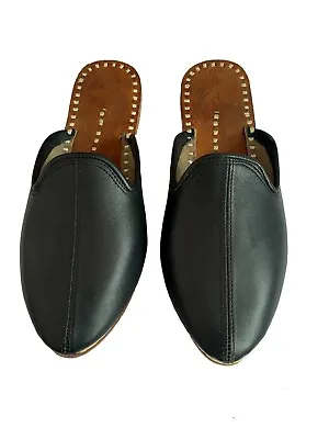 Black Mens Leather Clogs Shoes Indian Mules Flip Flops Sandals Slippers Handmade • £46.79