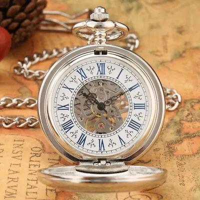 Silver Hand-winding Mechanical Pocket Watch For Men Women Pendant Chain Gift • £16.91