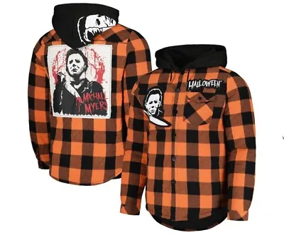 Halloween Flannel Button-Up Hoodie Michael Myers HorrorMovie Icon Patches 54-105 • $89.99