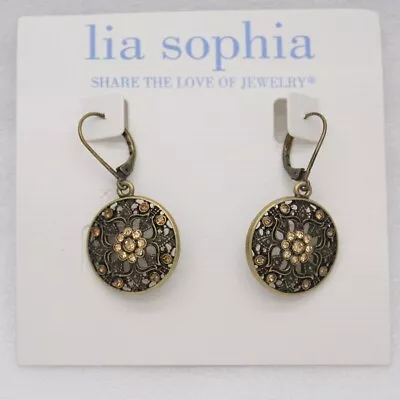 Lia Sophia Jewelry Vtg Gold Tone Cut Crystals Pierced Leverback Drop Earrings • $9.99