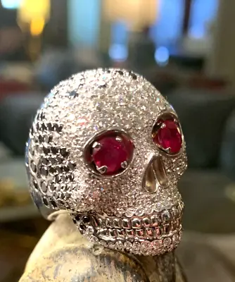 Men's 14K White Gold Ruby & Diamond Skull Ring • $12500