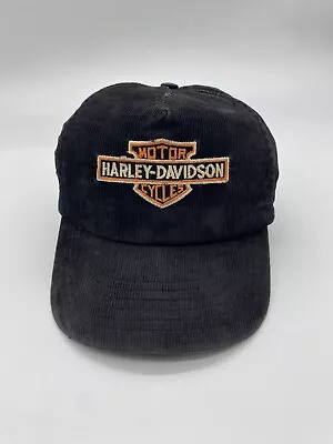 Vintage 80s Harley Davidson Motorcycle Hat Script Logo Corduroy Broken Snapback • $69.99