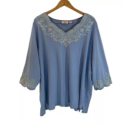 Quacker Factory Periwinkle Blue Embroidered Blouse 3X Rhinestones Scalloped Trim • $28.90