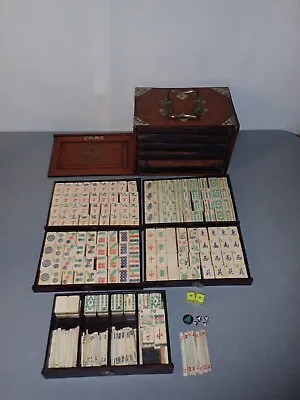 Antique 144 Piece Mahjong Set Mahogany Case Bamboo & Cowbone Tiles Very Nice • $450