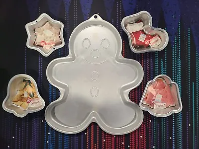 Lot Of 5 Wilton Cake Pans 1 Large 4 Mini Christmas Snow Gingerbread Bell • $14.99